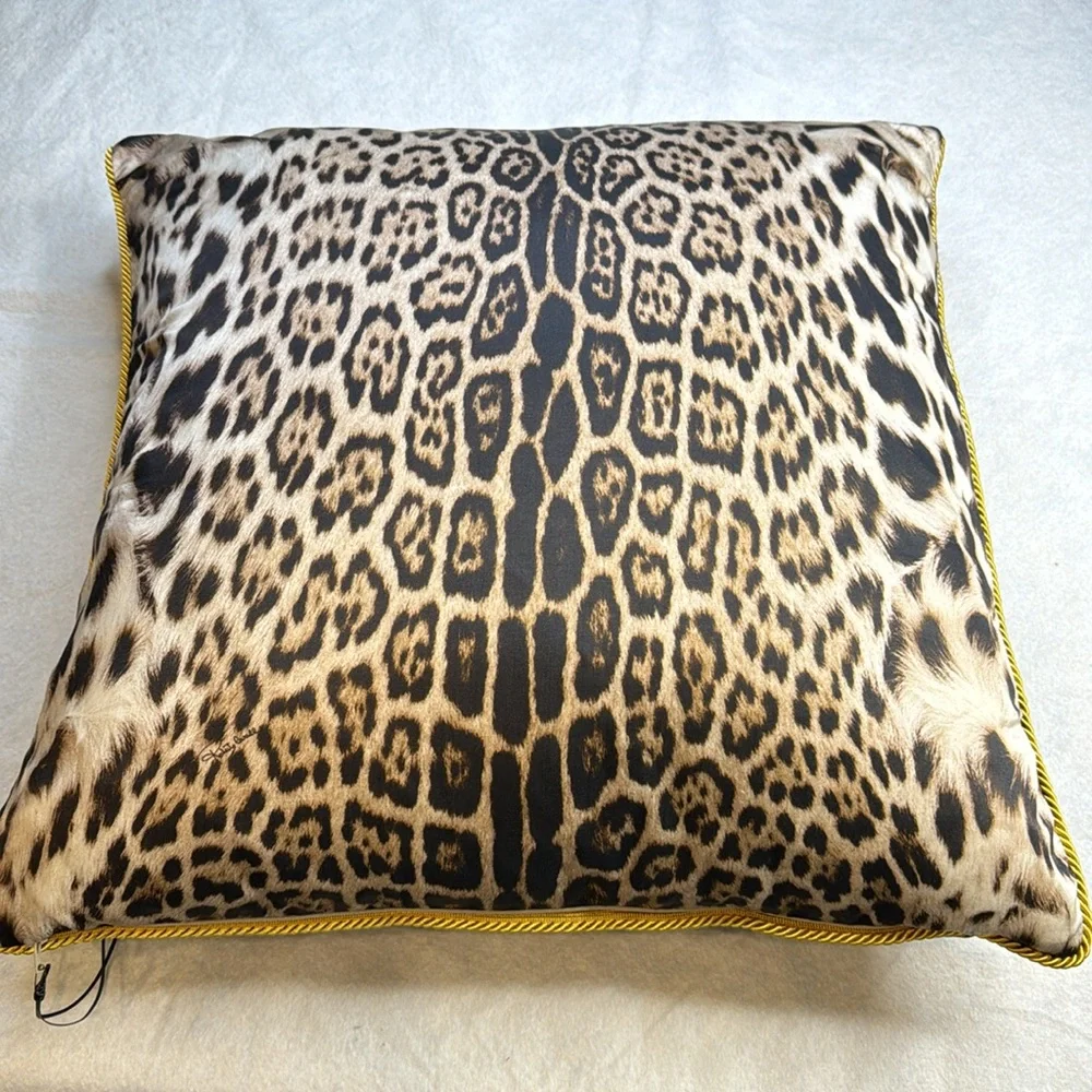ROBERTO CAVALLI NWT NEW TAG XLARGE BLUE GOLD BLACK LEOPARD ACCENT THROW PILLOW - Picture 10 of 15